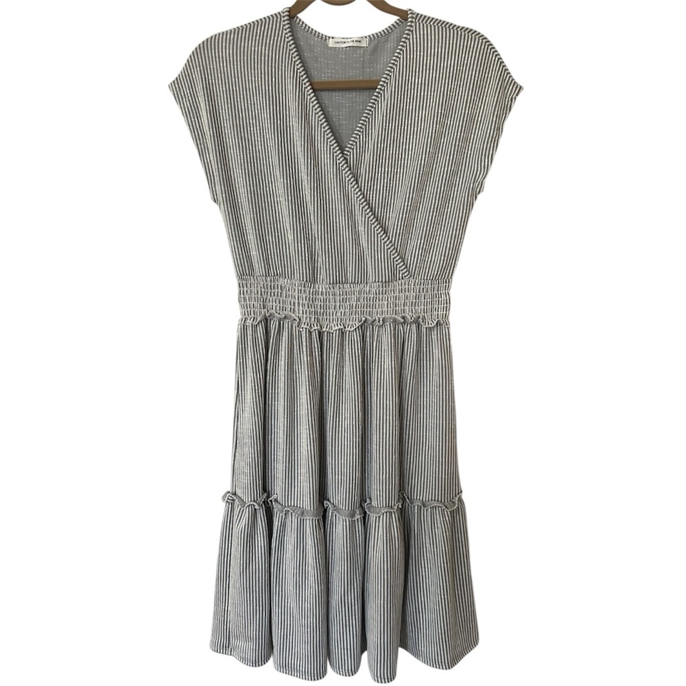 Caution To The Wind Gray Stripe Smocked Waist Tiered Midi Dress Small